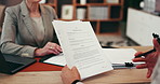 Business, documents or people in office, partnership agreement or conversation for negotiation. Closeup, employees or legal aid in workplace, contract or b2b deal with lawyer or report for compliance