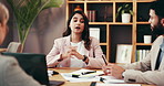Meeting, discussion and business people in office for legal advice, teamwork and planning ideas. Strategy, proposal and collaboration at law firm for report, conversation and paperwork for lawyers