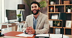 Face, business and man in office, documents and confidence with career ambition, pride and accounting. Portrait, corporate professional and tax consultant with paperwork, economy and happiness