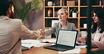 Business, documents and people with handshake in meeting for partnership deal and financial investment. Finance team, thank you and shaking hands with stakeholder for b2b contract and collaboration