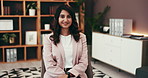 Smile, office and face of businesswoman at finance agency with confidence, accounting and about us. Portrait, risk management and happy woman with development, opportunity and advisor for investment