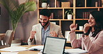 Fist pump, documents and business people in office for legal consulting, case review and strategy. Celebration, attorney team and men and women with paperwork for success, agreement and planning