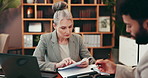 Documents, legal consultant and business people in meeting, discussion and advice in office. Lawyer, court representative and man with paperwork for woman for feedback, agreement and partnership