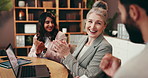 Applause, laptop and success with business people in office boardroom for celebration of milestone. Collaboration, goals and target with happy employee team clapping in workplace for motivation