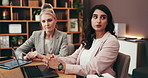 Meeting, documents and business people on laptop for legal consulting, case review and strategy. Office, attorney team and men and women with paperwork for research, agreement and online proposal