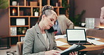 Phone call, office and woman in meeting with report for finance with paperwork, laptop and screen. Schedule, risk management and mature businesswoman with smartphone, budget and investment workshop