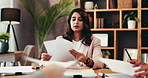 Documents, discussion and business people in office, meeting and planning for budget. Cooperation, group and employees with paperwork, report for profit growth and feedback with accounting or review
