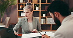 Collaboration, meeting and review with business people in office together for discussion or negotiation. Consulting, conversation or writing with manager and employee in workplace for feedback