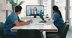 Nurse, people and screen with video call in hospital boardroom for online meeting and healthcare presentation. Medical employees, virtual training and mentor with treatment plan and health support