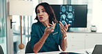 Doctor, woman and meeting with monitor for neuroscience, discussion and problem solving at hospital. Person, surgeon and explain with mri results, review and talk with brain scan for medical research