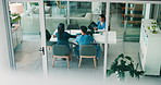 Doctors, meeting and people in boardroom with x ray, above or discussion with insight, report or feedback. Medical staff, surgeon and nurse in team with mri scan, results and diagnosis at clinic
