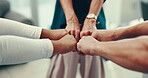 Business, people and hands with fist bump in group for team cooperation, work solidarity or office community. Collaboration, touch and closeup together for support, meeting and employee integration
