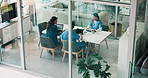 Doctors, meeting and people in boardroom at hospital, above and discussion with paperwork, report and feedback. Medical staff, surgeon and nurse in team for planning, stats and laptop for research