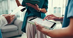 Hands, medical and team on tablet with document for discussion, health or training with clinic manager. Technology, nurse or group of people planning closeup with paper, scroll screen or test results