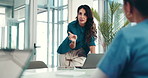 Woman, doctors and meeting with laptop in hospital boardroom for discussion with planning, report or feedback. People, surgeon and director with review, problem solving or medical research at clinic