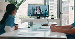 Healthcare, video call and nurses in meeting, team and listening to administrator with info in clinic. Monitor, screen and communication for schedule of training session, intern or people in hospital