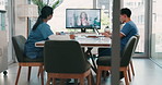 Nurse, team and screen with video call in hospital boardroom for online seminar and healthcare presentation. Medical employees, virtual meeting and listening to mentor with health notes and training