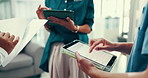 Hands, medical and team on tablet for discussion, health document and training with clinic manager. Technology, nurse and group of people planning closeup with paper, scroll screen and test results