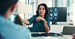 Woman, doctors and meeting with x ray for brain scan, discussion and problem solving at hospital. Person, surgeon and monitor with mri results, review and talk with medical research for neurology