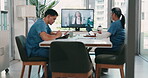 Team, video call and nurses in meeting, talking and listening to administrator with info in clinic. Monitor, screen and communication for schedule of training session, intern and people in hospital