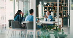 People, doctors and meeting with discussion, healthcare and conversation for hospital schedule. Employees, medical and professional with feedback, help and tech for research with support for intern