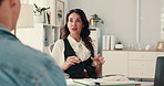 Human resources, meeting and recruitment with business people in office for hiring process. Conversation, opportunity or our vision with manager and candidate in workplace for feedback or review