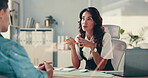 Human resources, interview and opportunity with business people in office for hiring process. Conversation, meeting or recruitment with manager and candidate in workplace for feedback or review