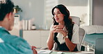 Human resources, interview and recruitment with business people in office for hiring process. Conversation, meeting or opportunity with manager and candidate in workplace for feedback or review