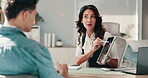Human resources, recruitment and tablet with business people in office for hiring process. Conversation, ideas or meeting with manager and candidate in workplace for feedback, information or review