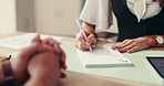 Doctor, hands and writing with prescription for medical diagnosis, instructions or information at hospital. Closeup, healthcare worker and patient with sick note, clinic form or document for symptoms