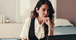Woman, laptop and thinking in practice for healthcare, appointment planning or schedule reminder. Mature consultant, GP or tech in office for communication, typing and response on telehealth platform