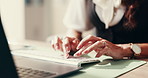 Doctor, hands and typing with research on laptop for email, online communication or telehealth at hospital. Closeup, female person or medical worker browsing on computer for new medicine or feedback