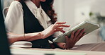 Hands, review and tablet with business woman reading information in office for company management. Administration, planning and strategy with employee in professional workplace for online research