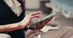 Hands, information and tablet with business woman reading article in office for company management. Email, internet and planning with employee closeup in professional workplace for online research