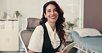 Face, review and tablet with business woman at desk in office for company management. Confident, laughing and smile with happy mature employee in professional workplace for planning or research