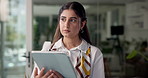 Tablet, thinking and research with business woman in office for creative campaign, idea and feedback. Communication, connection and project kpi with person in agency for planning and brainstorming