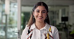 Face, business and woman in workplace, smile and confidence with sales consultant. Portrait, professional and employee with pride, about us and career ambition with ad agency and project development