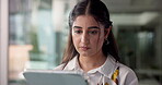 Tablet, reading and thinking with business woman in office for creative campaign, reflection and feedback. Communication, connection and project idea with person in startup agency for planning