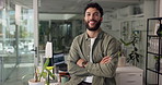 Creative, crossed arms and face of businessman in office with confidence, pride and smile. Startup agency, professional and portrait of happy person by desk for opportunity, designer career and job