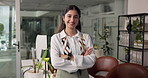 Crossed arms, happy and face of business woman in office with confidence, pride and smile for job. Startup agency, professional and portrait of person for opportunity, creative career and work