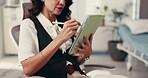 Hands, planning and tablet with business woman reading information in office for company management. Internet, review and strategy with employee closeup in professional workplace for online research