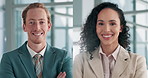 Collage, business people and face in office for confidence, about us or accountants for finance agency. Composite, man and woman with arms crossed for accounting firm, consultants or team in portrait