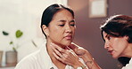 Clinic, sore throat and doctor with woman for medical service, help and treatment. Healthcare, inflammation and person with patient check lymph nodes for health exam, diagnosis and consulting