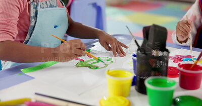 Hands, student and painting art in classroom with creative lesson ...