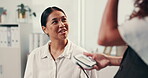 Blood pressure monitor, medical and patient in hospital with doctor for assessment or checkup. Consulting, healthcare and machine with people in clinic for appointment, cardiology and examination
