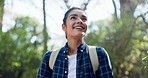 Happy, breathing and woman with hiking in forest for cardio adventure, nature scenery or explore woods. Peaceful, girl or travel outdoor for fresh air, sightseeing or journey reflection with backpack