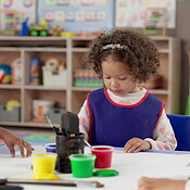 Girl, kids and painting art in classroom with creative lesson, drawing ...