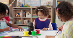 Girl, kids and painting art in classroom with creative lesson, drawing picture and kindergarten learning. Artist, students and canvas with fun activity, artwork project and motor growth for education
