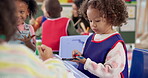 Girl, child and painting hands in classroom with creative lesson, drawing picture and kindergarten learning. Kids, students and messy with fun activity, artwork project and motor growth for education