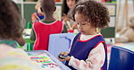 Girl, kid and painting hands in classroom of creative lesson, drawing picture and kindergarten learning. Children, students and messy with fun activity, artwork project and motor growth for education